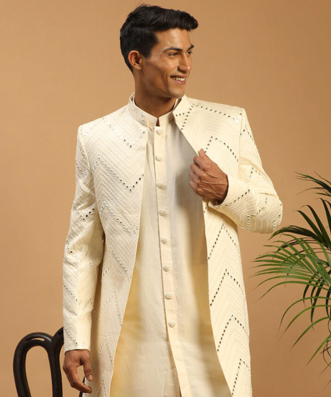 Men’s Cream Mirror Work Front-Open Sherwani Set with Kurta & Pyjama - Rajvari