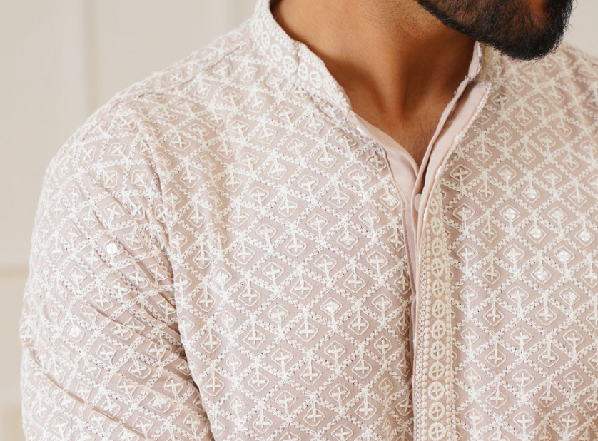 Men’s Beige & White Ethnic Motif Embroidered Mandarin Collar Straight Kurta - Rajvari