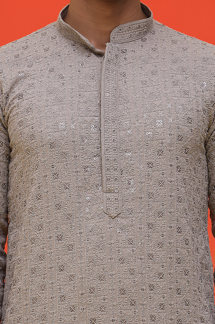 Men’s Grey & Silver Geometric Embroidered Sequinned Mandarin Collar Cotton Kurta - Rajvari