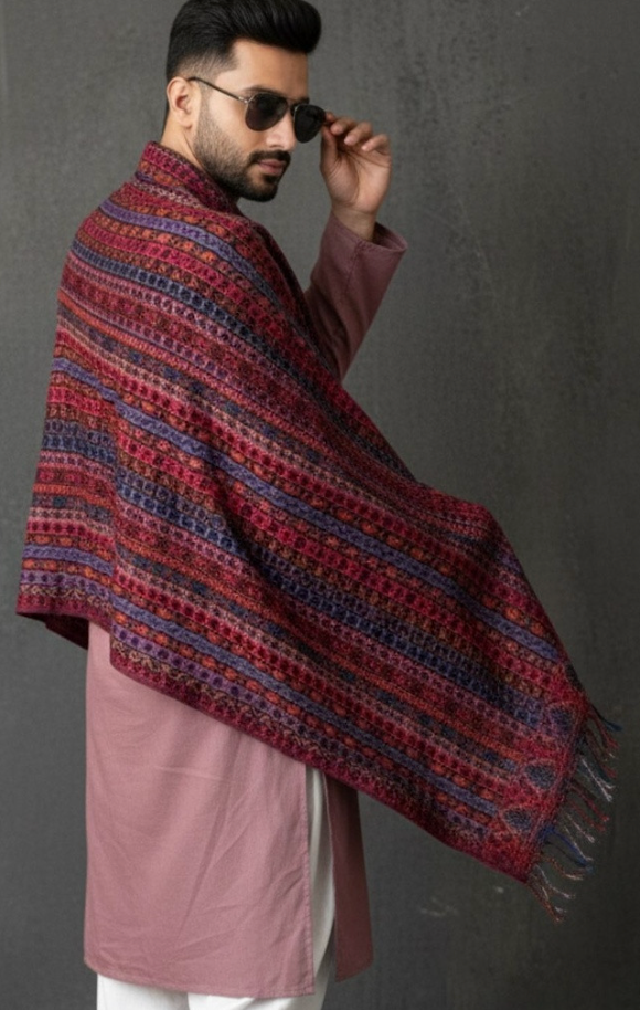 Men’s Maroon & Purple Floral Printed Shawl – Acrylic Wrap with Solid Border - Rajvari