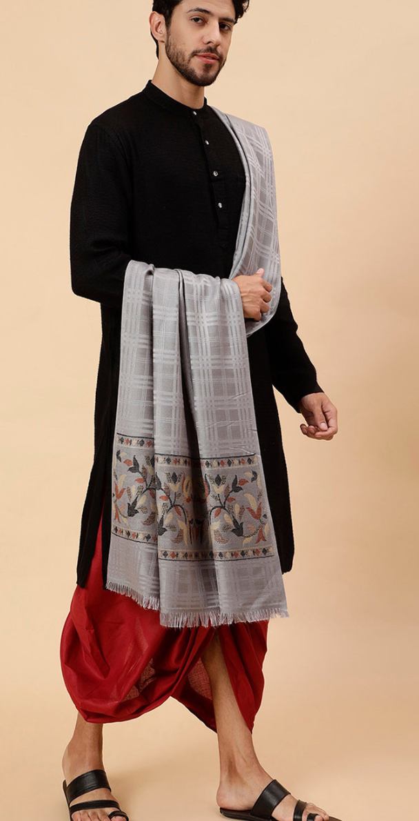 Men’s Grey Woven Design Shawl with Fringed Border – Acrylic & Wool Blend Wrap - Rajvari