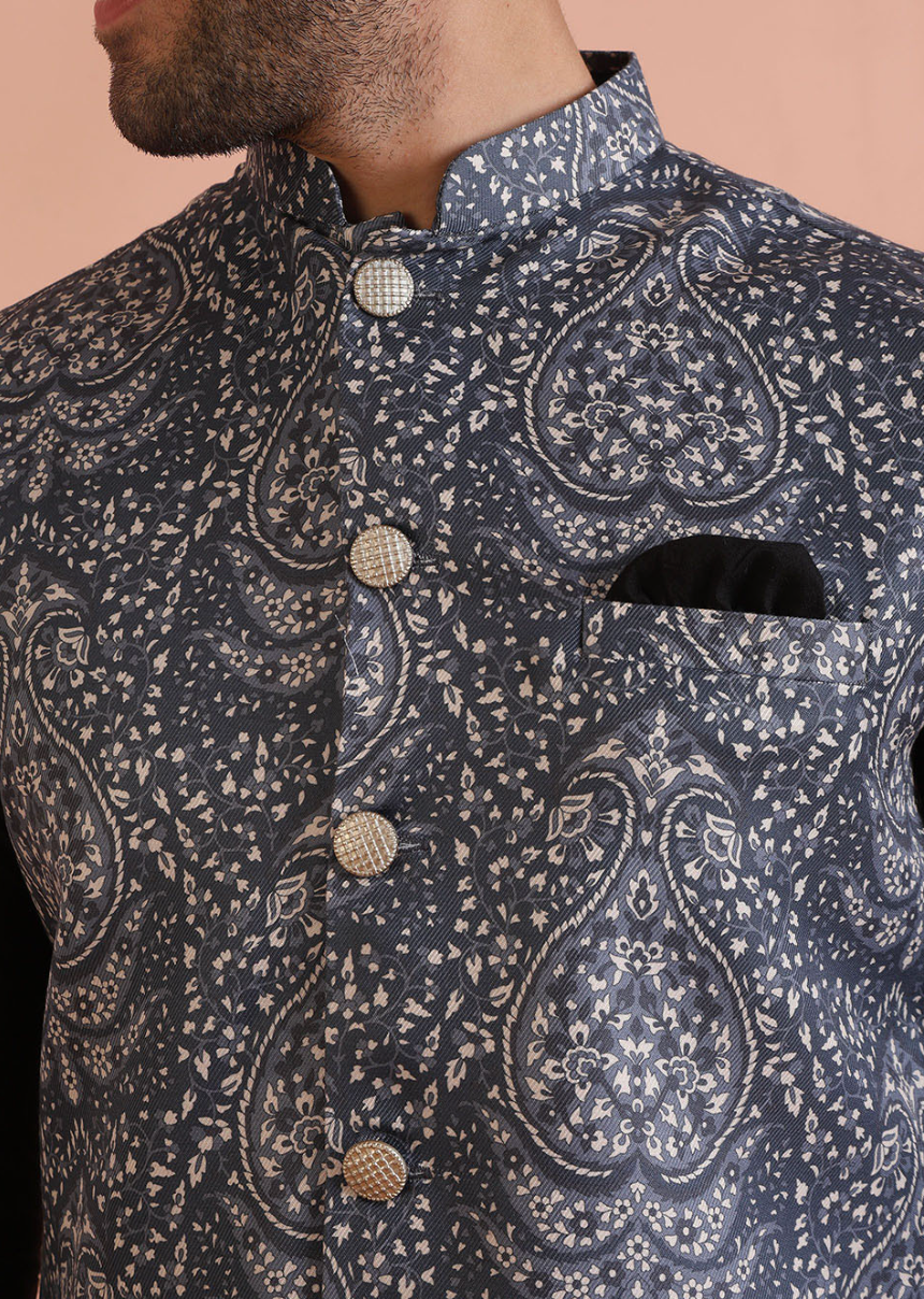Men’s Black & White Printed Nehru Jacket – Mandarin Collar Cotton Blend Waistcoat - Rajvari