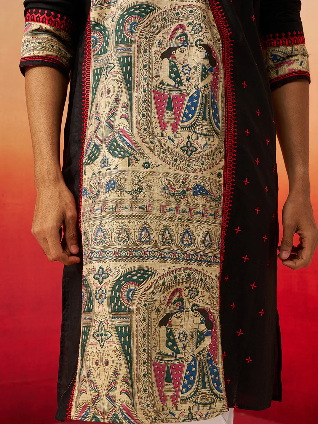 Men’s Black Digital Print Kurta – High Neck Cotton Festive Kurta - Rajvari
