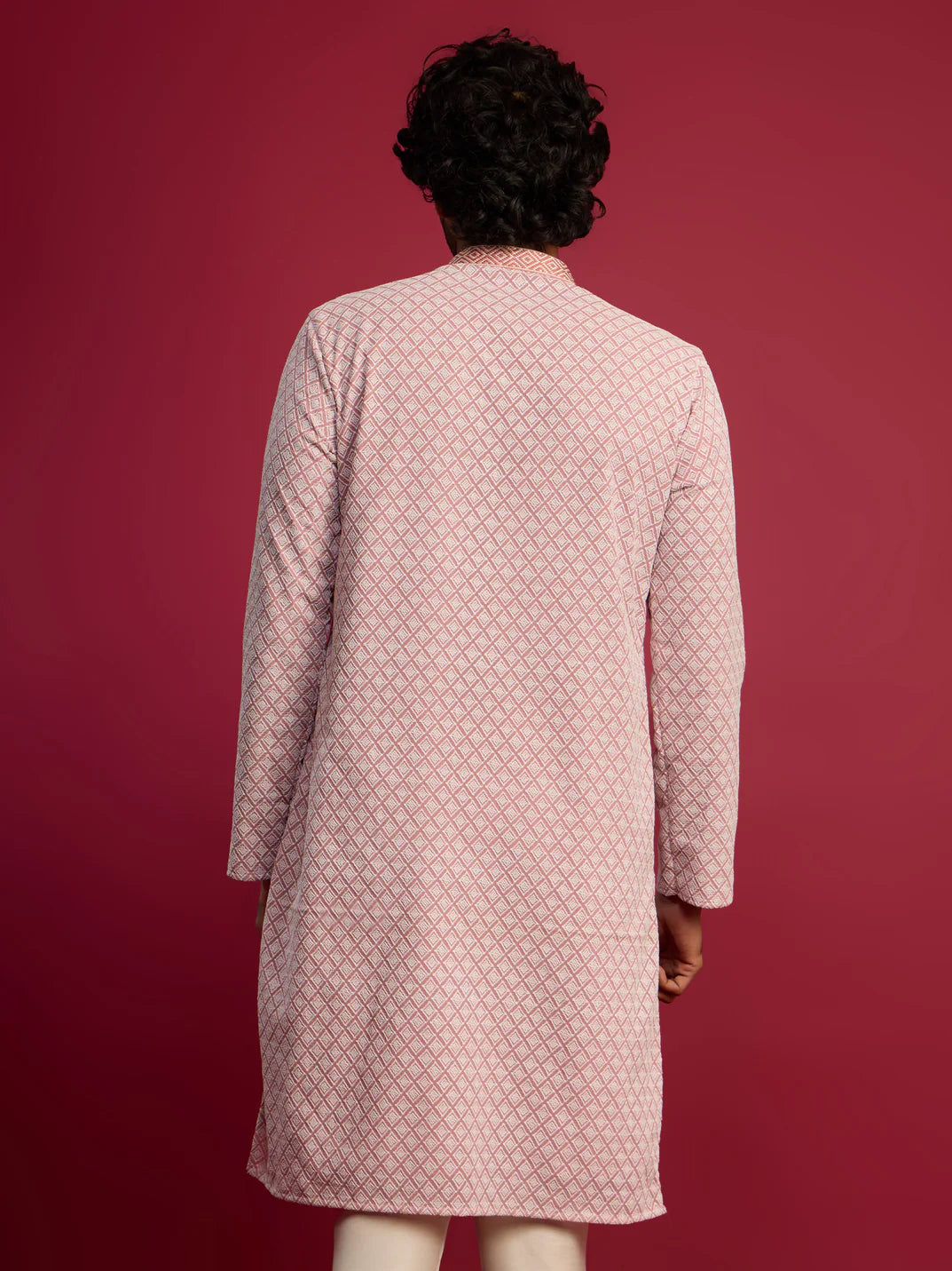 Men’s Pink Embroidered Long Kurta – Faux Georgette Mandarin Collar Festive Kurta - Rajvari