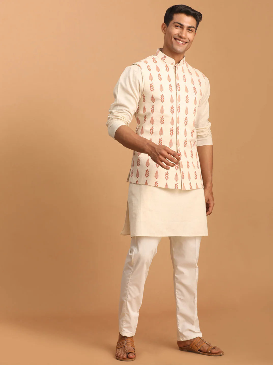 Men’s Cream Leaf Printed Nehru Jacket with Kurta & Pant Set – Cotton 3-Piece Traditional Outfit - Rajvari