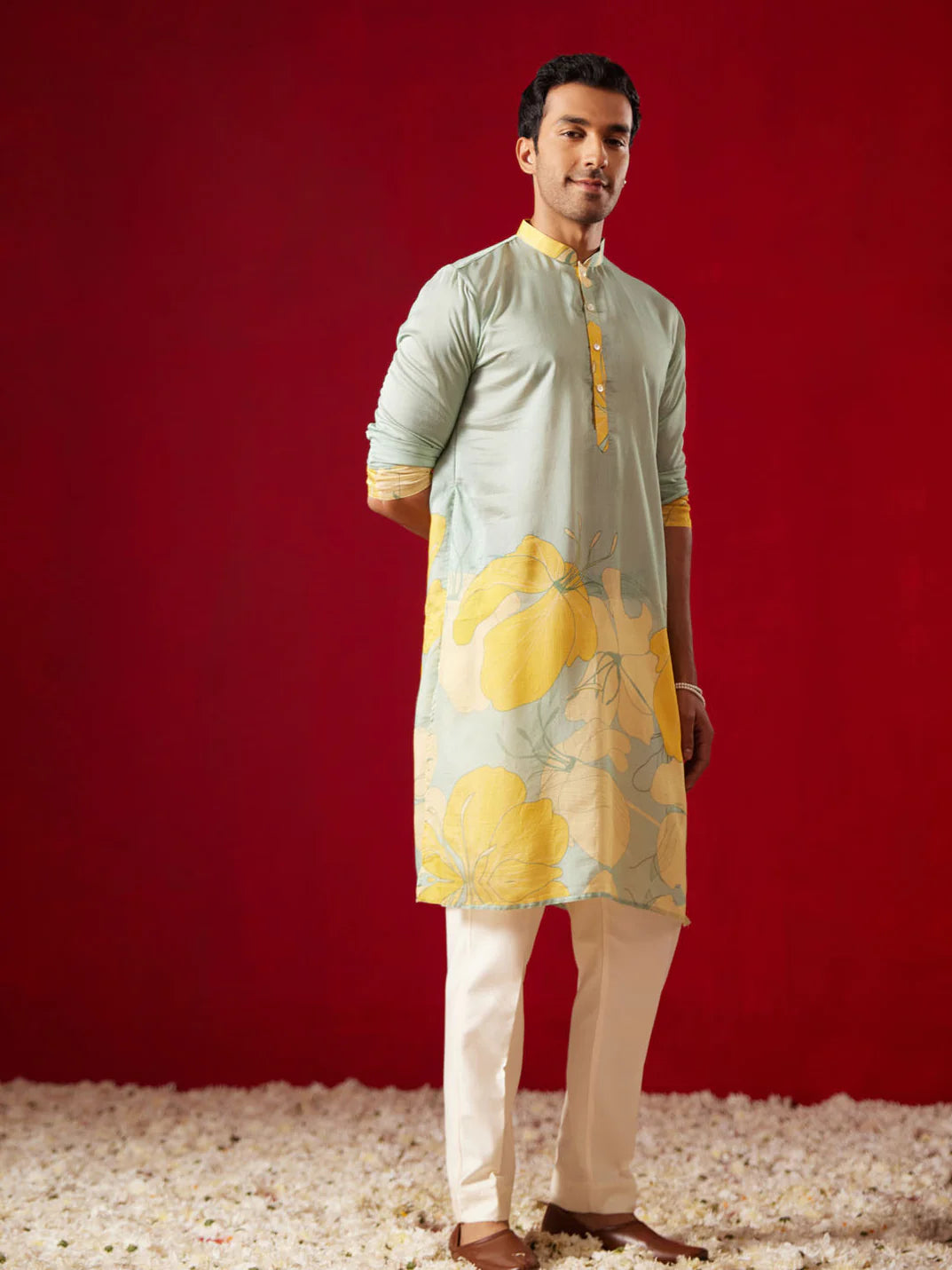 Men’s Yellow Floral Printed Cotton Kurta – Mandarin Collar Knee Length Traditional Kurta - Rajvari
