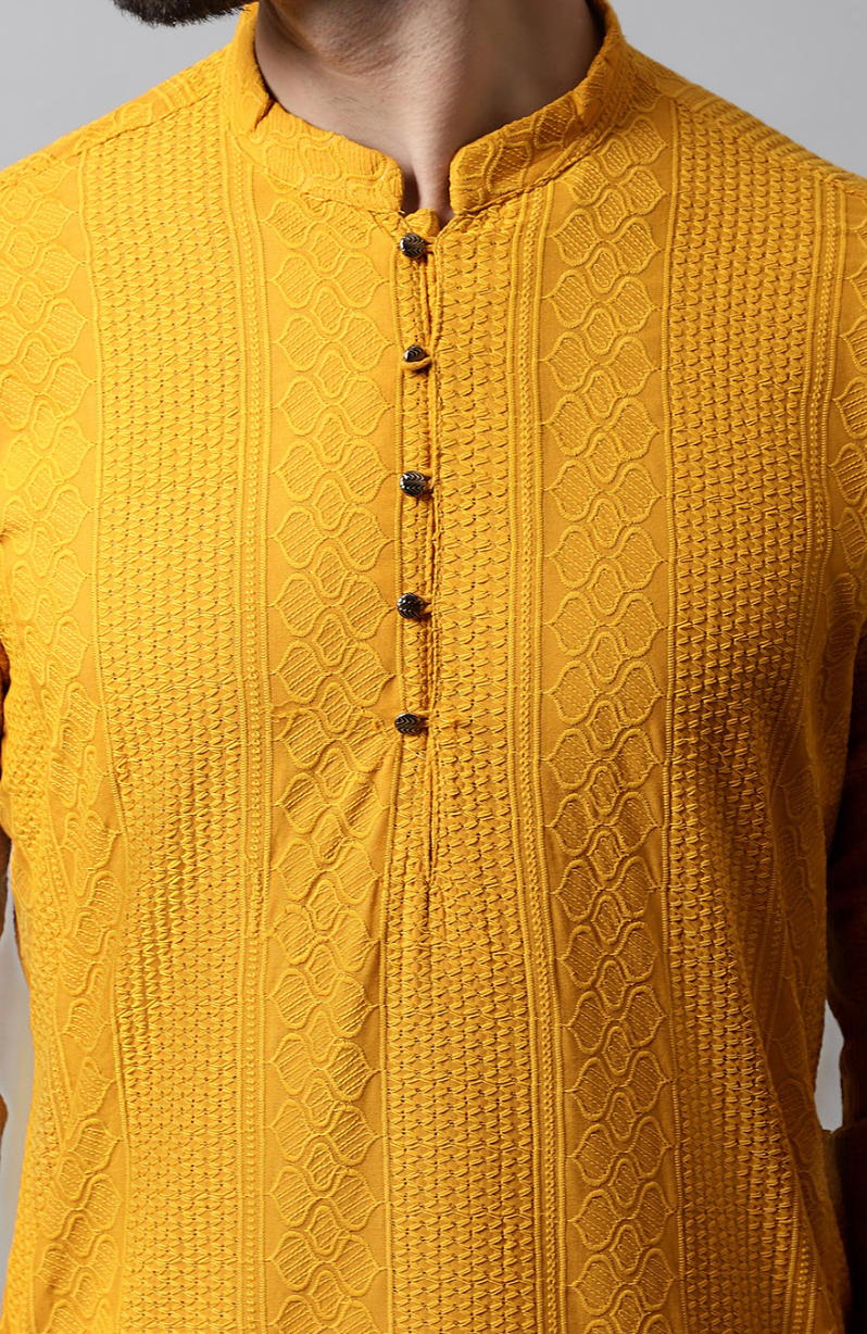 Men’s Grey & Silver Geometric Embroidered Sequinned Pure Cotton Straight Kurta - Rajvari