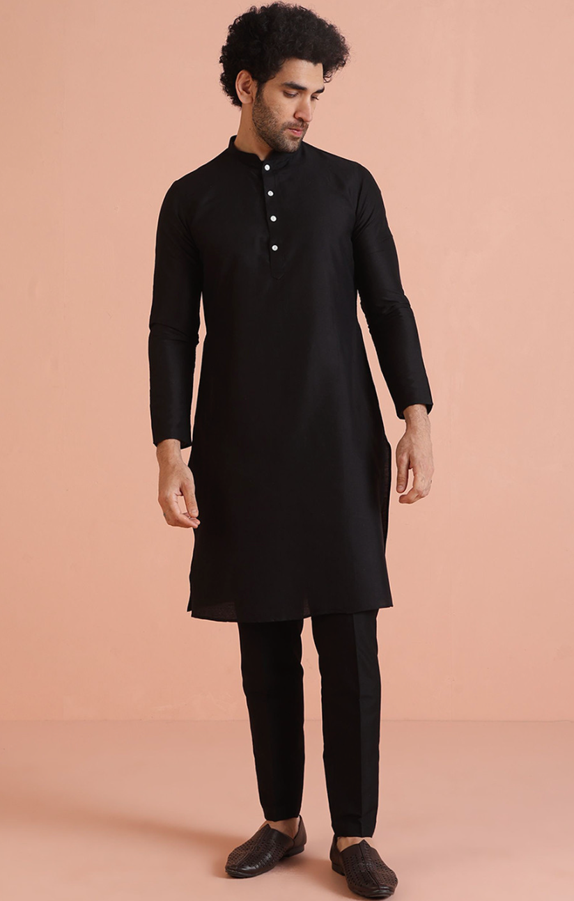 Men’s Black Embroidered Mandarin Collar Indo-Western Sherwani Set with Kurta & Trousers - Rajvari