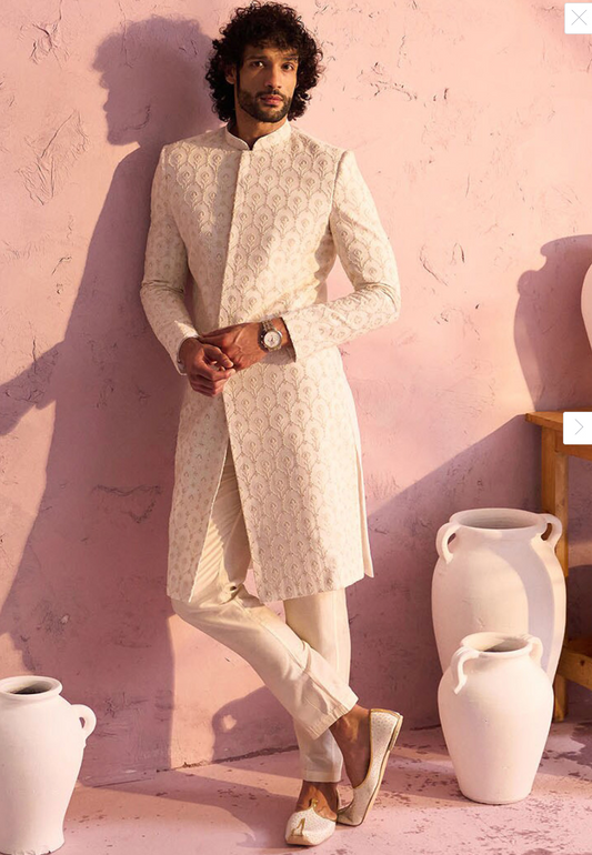 Men’s Cream Embroidered Mandarin Collar Sherwani Set with Trousers - Rajvari