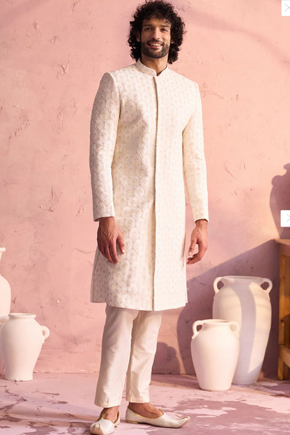 Men’s Cream Embroidered Mandarin Collar Sherwani Set with Trousers - Rajvari