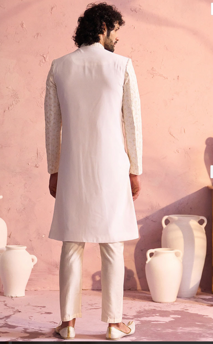 Men’s Cream Embroidered Mandarin Collar Sherwani Set with Trousers - Rajvari