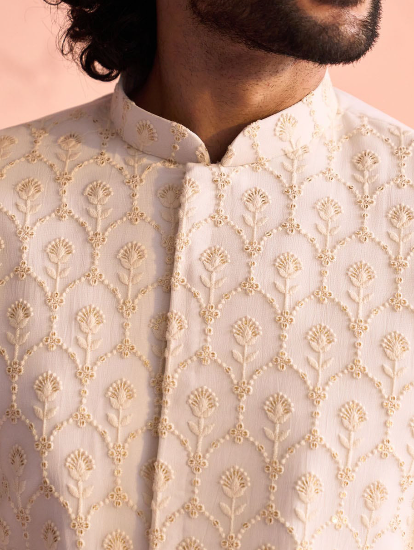 Men’s Cream Embroidered Mandarin Collar Sherwani Set with Trousers - Rajvari