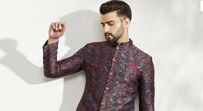 Men’s Purple Self-Design Indo-Western Sherwani Set with Kurta & Churidar - Rajvari