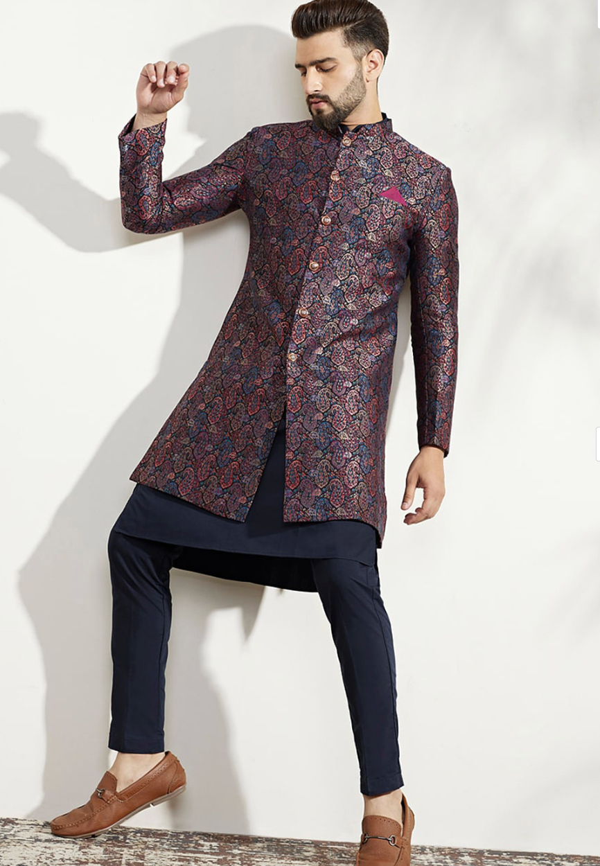 Men’s Purple Self-Design Indo-Western Sherwani Set with Kurta & Churidar - Rajvari