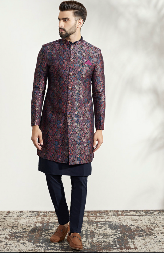 Men’s Purple Self-Design Indo-Western Sherwani Set with Kurta & Churidar - Rajvari