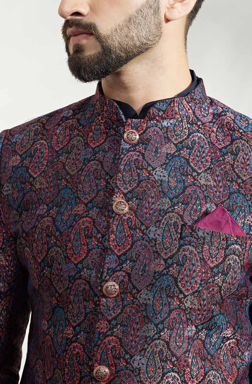 Men’s Purple Self-Design Indo-Western Sherwani Set with Kurta & Churidar - Rajvari