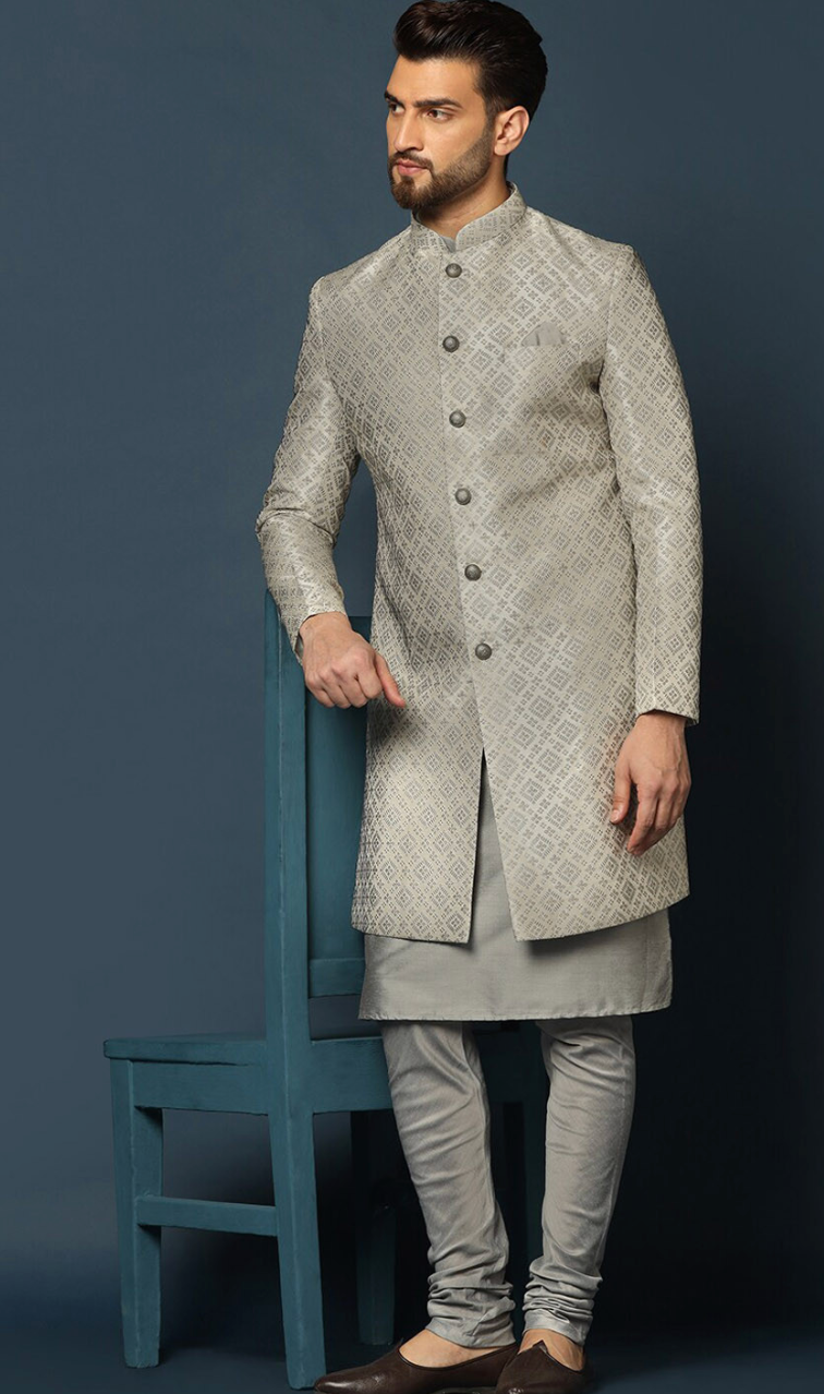 Men’s Grey Woven-Design Cotton Indo-Western Sherwani Set with Churidar - Rajvari