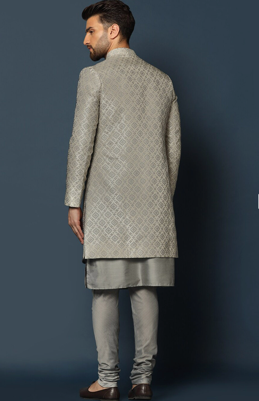 Men’s Grey Woven-Design Cotton Indo-Western Sherwani Set with Churidar - Rajvari