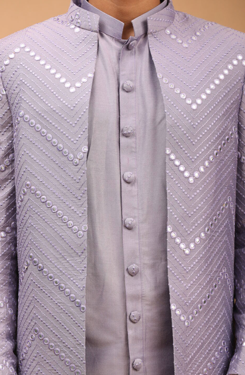 Men’s Purple Mirror Work Front-Open Sherwani Jacket with Kurta & Pyjama Set - Rajvari