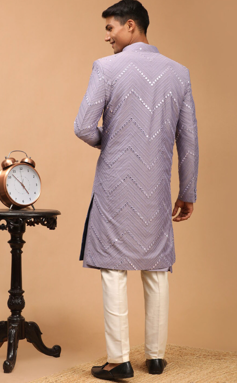 Men’s Purple Mirror Work Front-Open Sherwani Jacket with Kurta & Pyjama Set - Rajvari