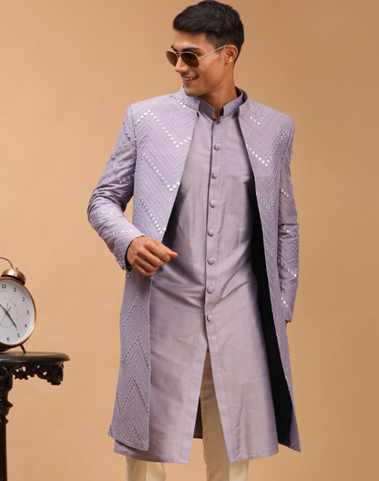 Men’s Purple Mirror Work Front-Open Sherwani Jacket with Kurta & Pyjama Set - Rajvari