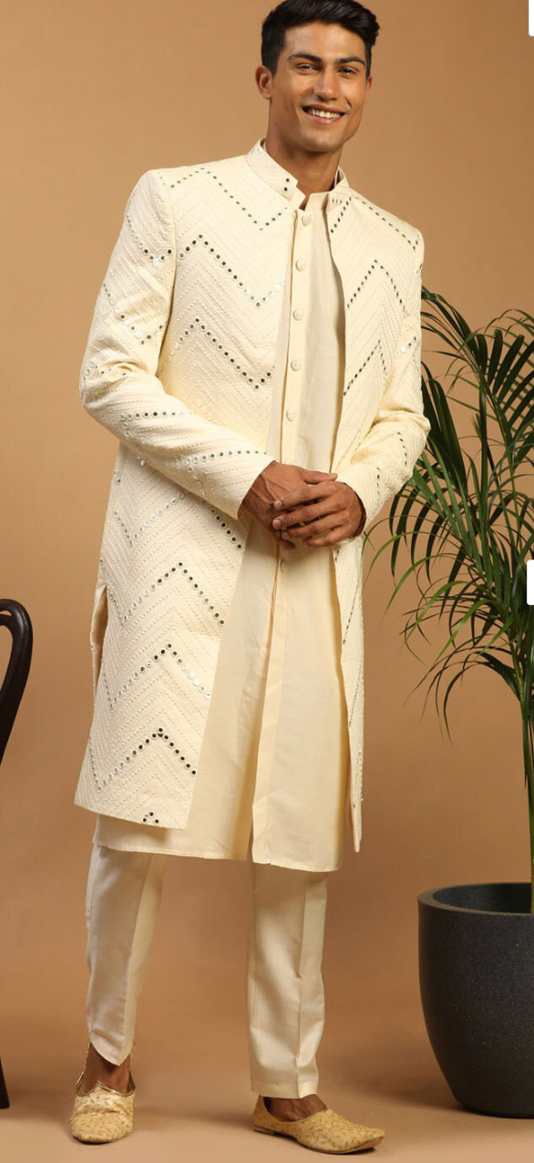 Men’s Cream Mirror Work Front-Open Sherwani Set with Kurta & Pyjama - Rajvari