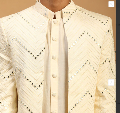 Men’s Cream Mirror Work Front-Open Sherwani Set with Kurta & Pyjama - Rajvari