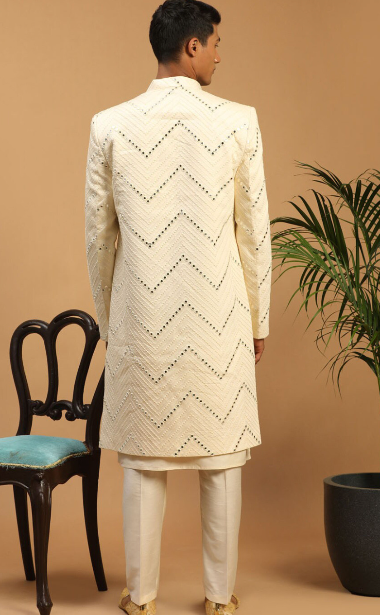 Men’s Cream Mirror Work Front-Open Sherwani Set with Kurta & Pyjama - Rajvari