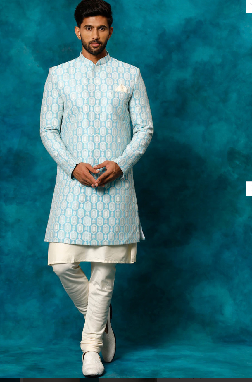 Men’s Blue Embroidered Indo-Western Sherwani Set with Kurta & Churidar - Rajvari