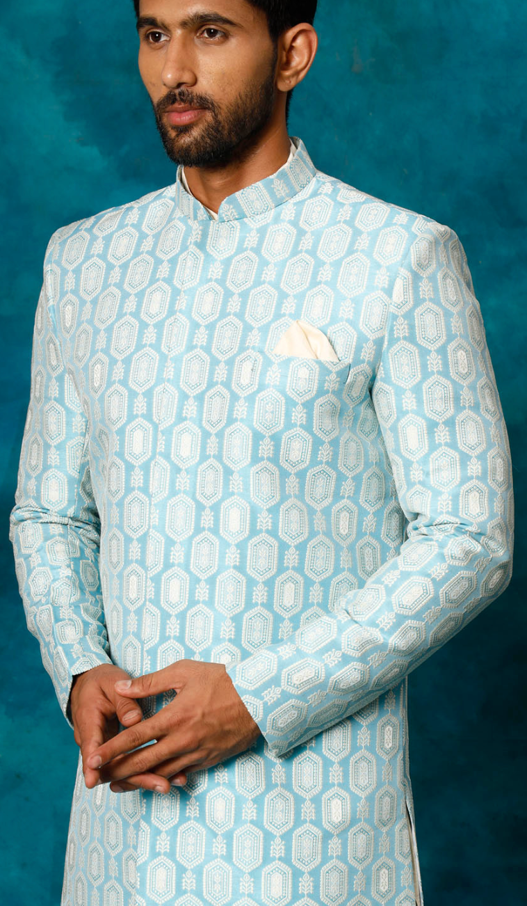 Men’s Blue Embroidered Indo-Western Sherwani Set with Kurta & Churidar - Rajvari