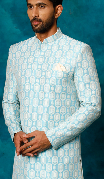 Men’s Blue Embroidered Indo-Western Sherwani Set with Kurta & Churidar - Rajvari