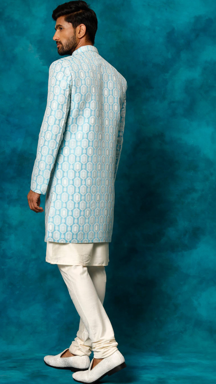 Men’s Blue Embroidered Indo-Western Sherwani Set with Kurta & Churidar - Rajvari