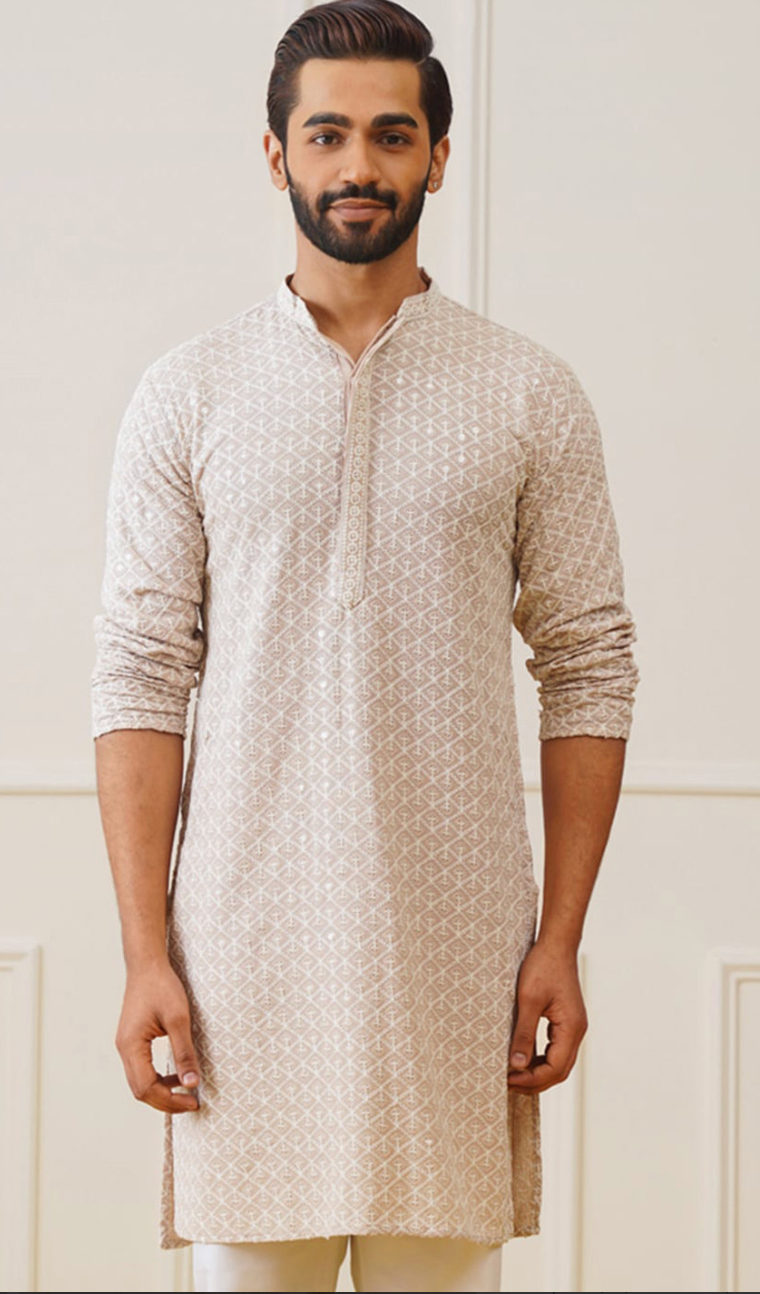 Men’s Beige & White Ethnic Motif Embroidered Mandarin Collar Straight Kurta - Rajvari