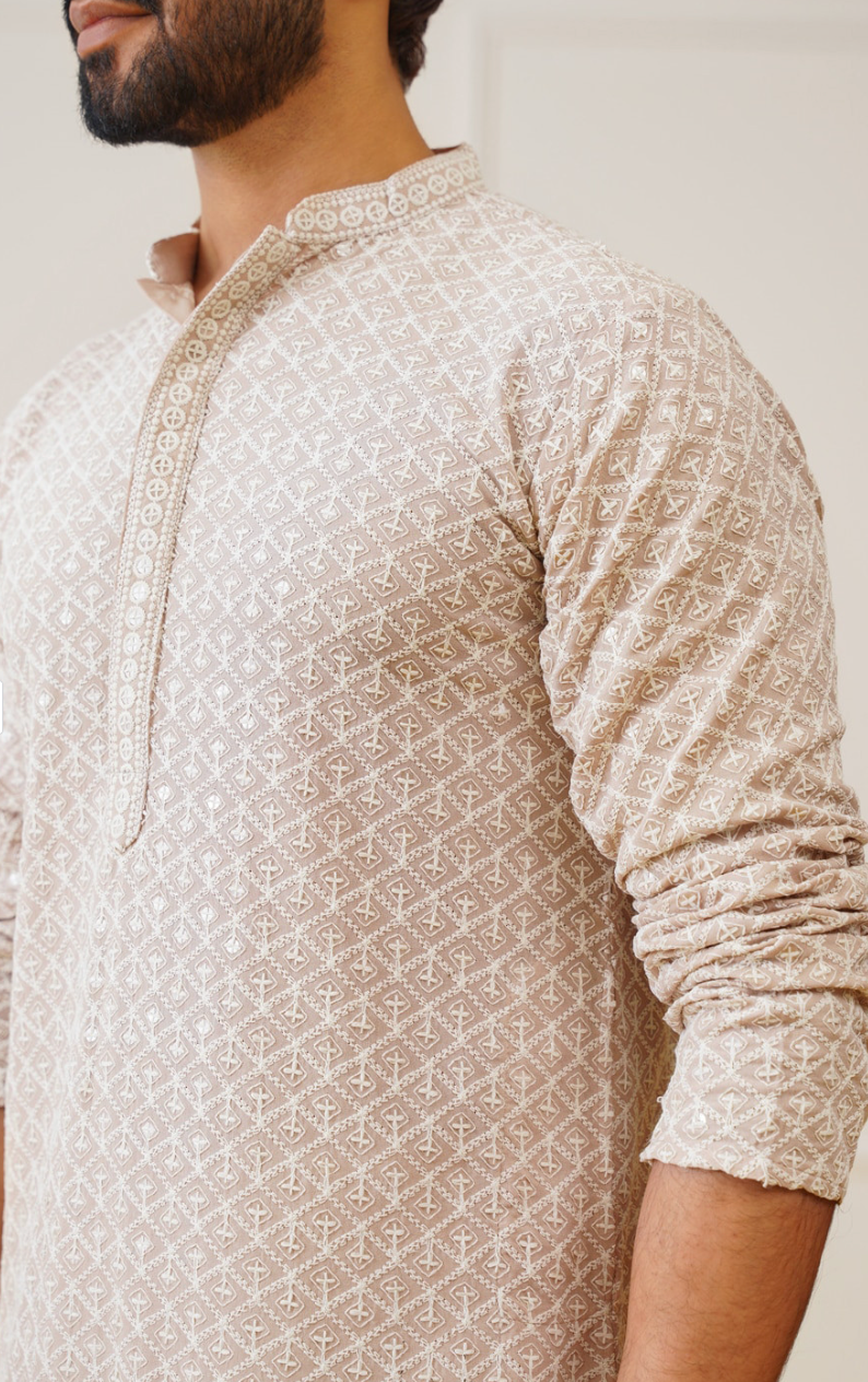 Men’s Beige & White Ethnic Motif Embroidered Mandarin Collar Straight Kurta - Rajvari