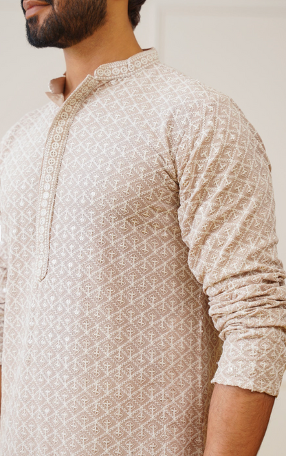 Men’s Beige & White Ethnic Motif Embroidered Mandarin Collar Straight Kurta - Rajvari
