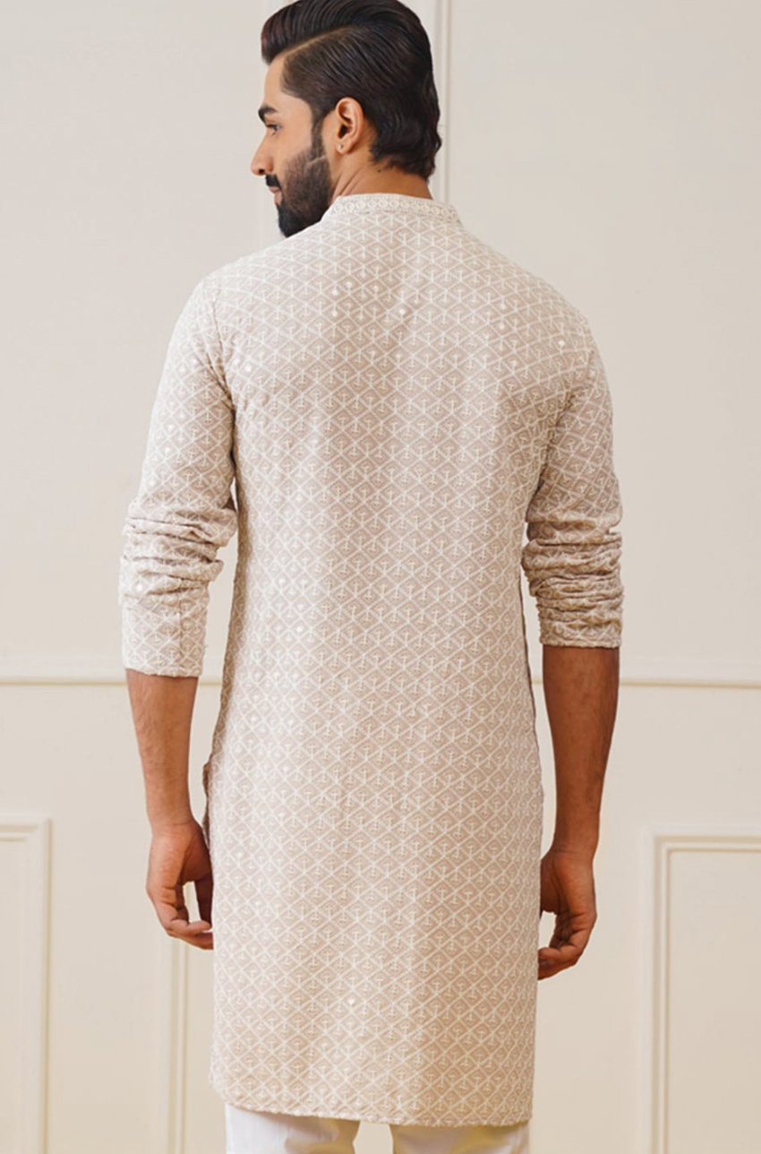 Men’s Beige & White Ethnic Motif Embroidered Mandarin Collar Straight Kurta - Rajvari