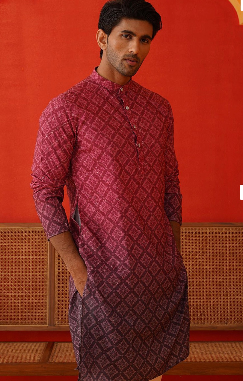 Men’s Purple Floral Printed Sequinned Mandarin Collar Kurta - Rajvari