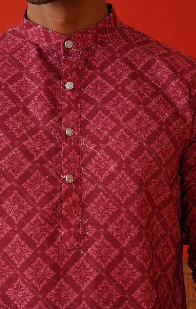 Men’s Purple Floral Printed Sequinned Mandarin Collar Kurta - Rajvari