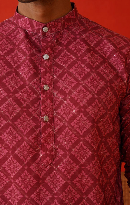 Men’s Purple Floral Printed Sequinned Mandarin Collar Kurta - Rajvari