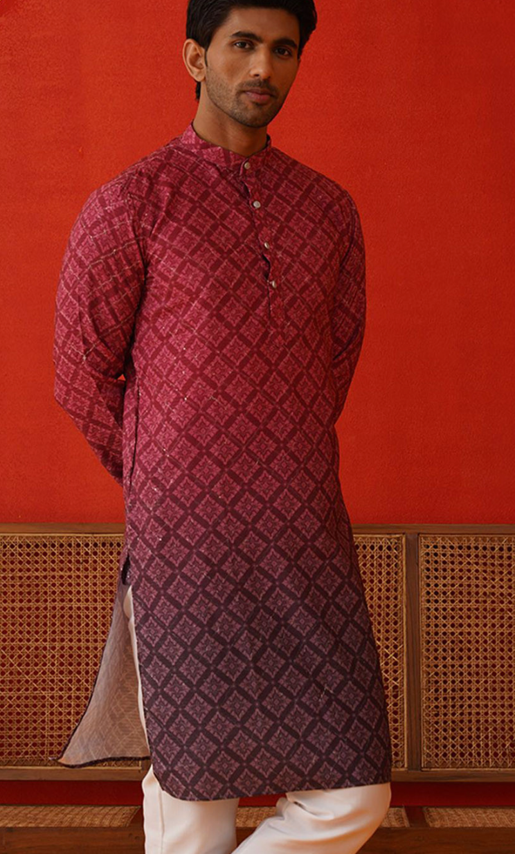 Men’s Purple Floral Printed Sequinned Mandarin Collar Kurta - Rajvari