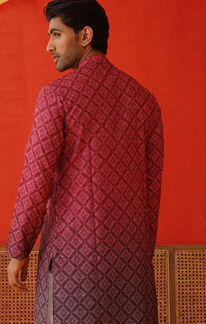 Men’s Purple Floral Printed Sequinned Mandarin Collar Kurta - Rajvari