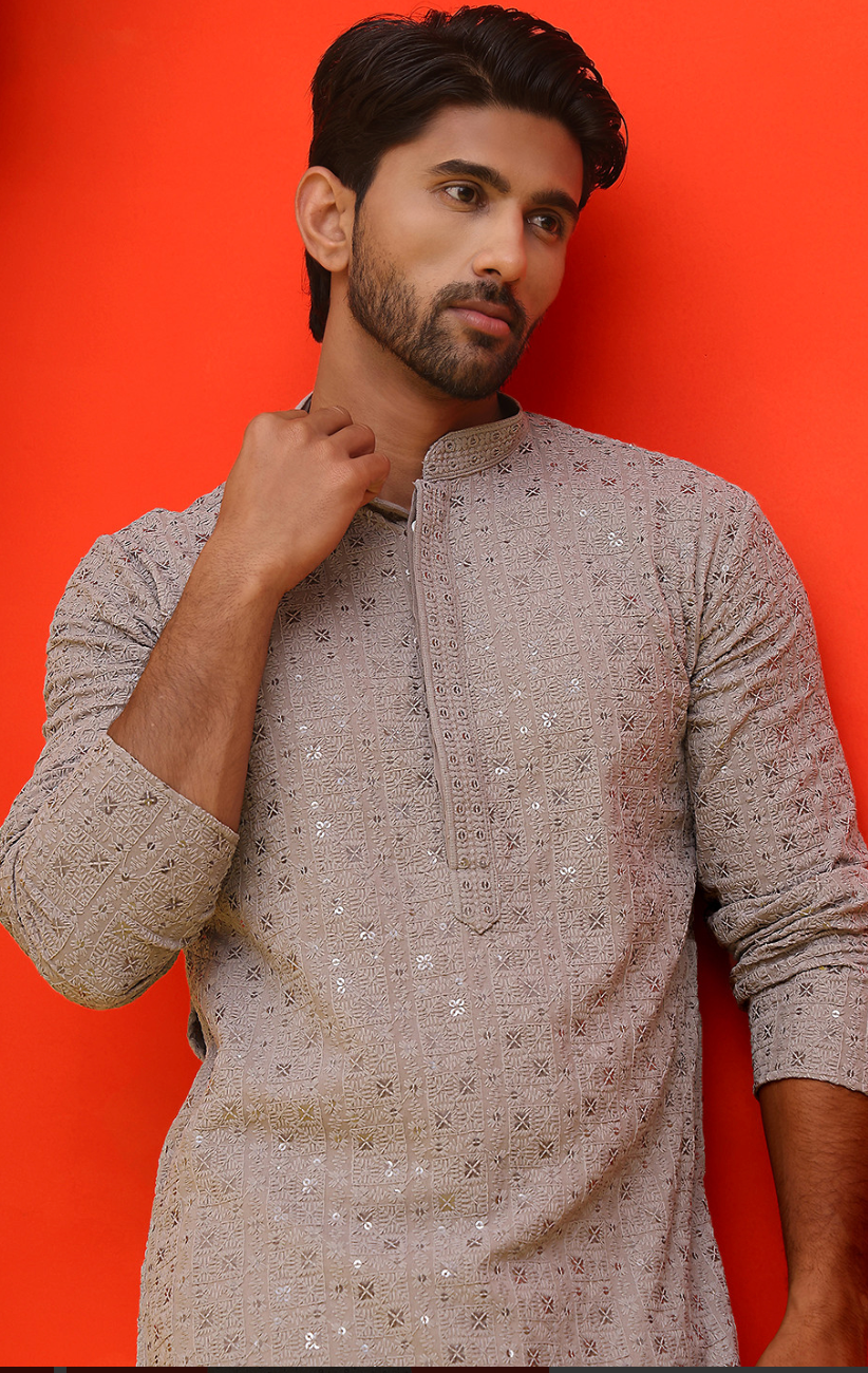 Men’s Grey & Silver Geometric Embroidered Sequinned Mandarin Collar Cotton Kurta - Rajvari