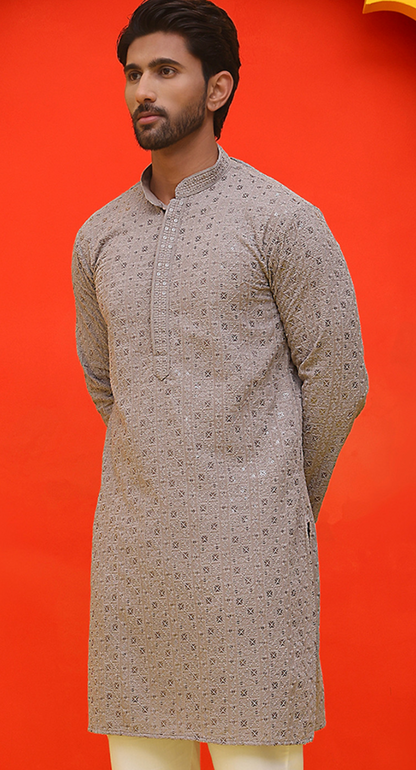 Men’s Grey & Silver Geometric Embroidered Sequinned Mandarin Collar Cotton Kurta - Rajvari