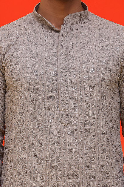 Men’s Grey & Silver Geometric Embroidered Sequinned Mandarin Collar Cotton Kurta - Rajvari