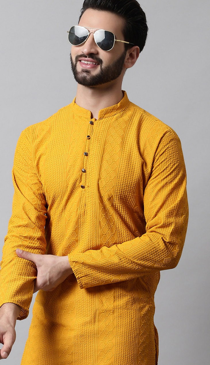 Men’s Grey & Silver Geometric Embroidered Sequinned Pure Cotton Straight Kurta - Rajvari