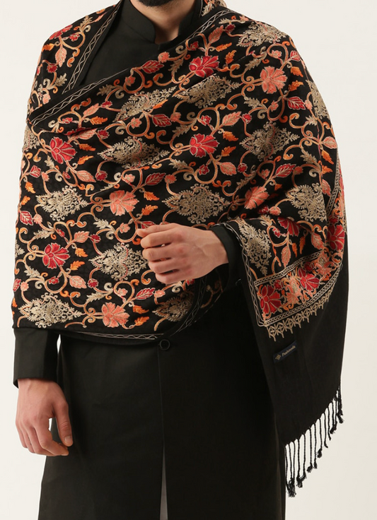 Men’s Floral Aari Embroidered Shawl with Frayed Border – Viscose Rayon Formal Wrap - Rajvari