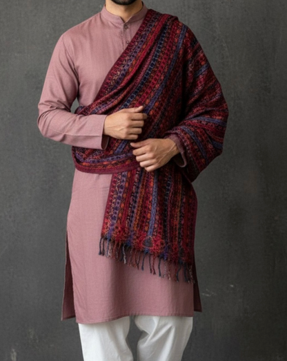 Men’s Maroon & Purple Floral Printed Shawl – Acrylic Wrap with Solid Border - Rajvari