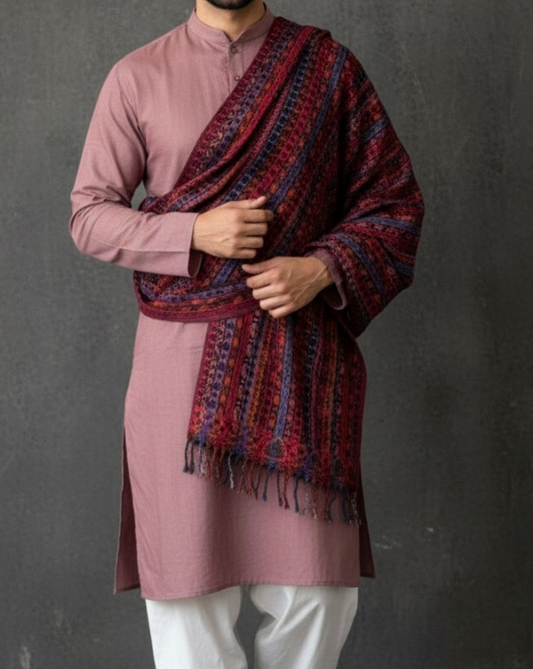 Men’s Maroon & Purple Floral Printed Shawl – Acrylic Wrap with Solid Border - Rajvari