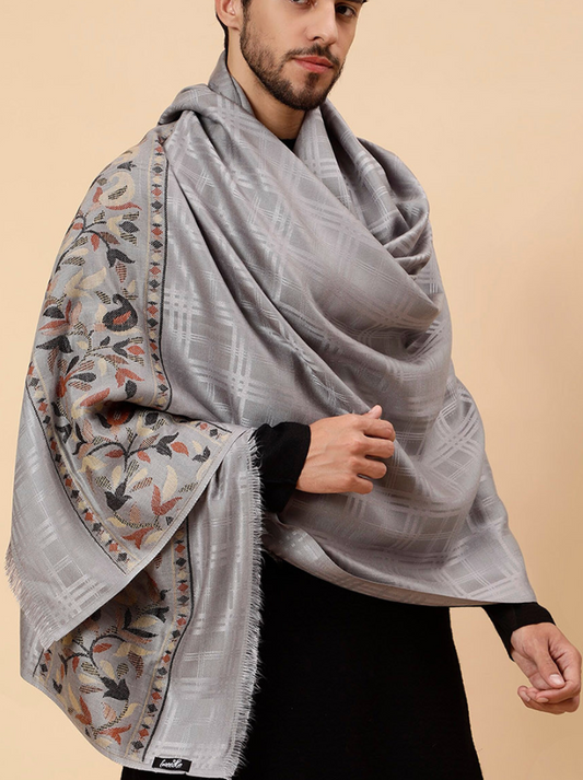 Men’s Grey Woven Design Shawl with Fringed Border – Acrylic & Wool Blend Wrap - Rajvari