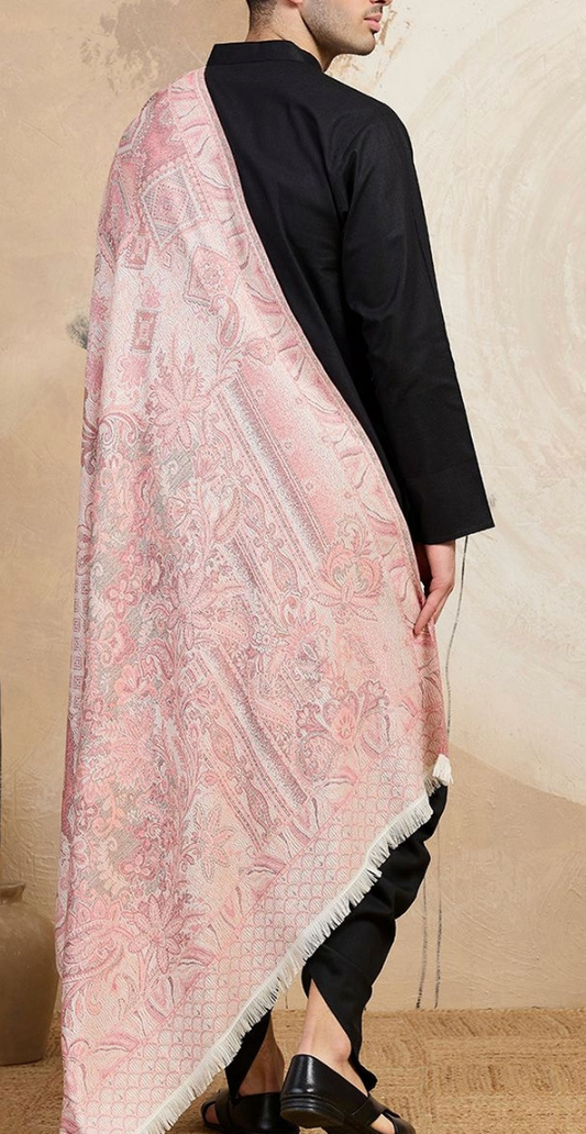 Men’s White Floral Woven Shawl with Printed Border – Elegant Formal Wrap - Rajvari